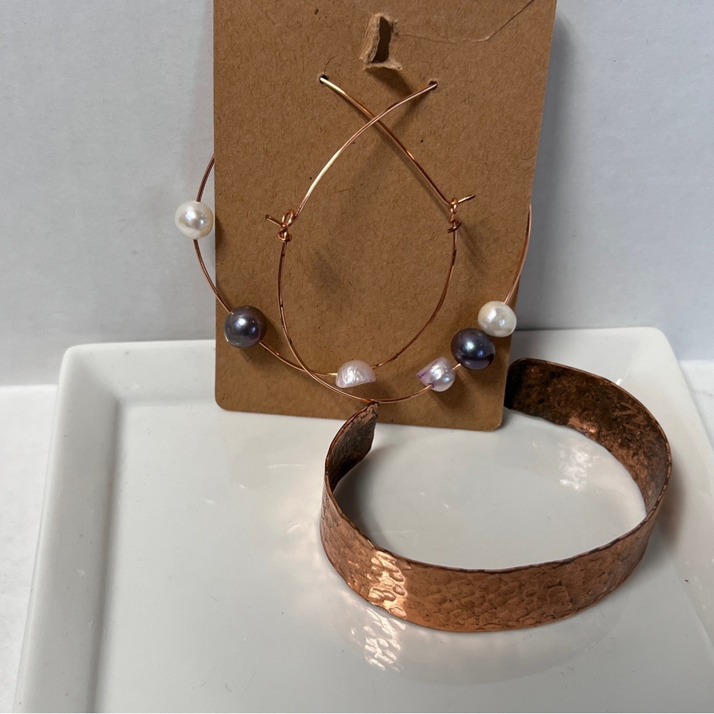 Artisan Copper Cuff Bracelet and Lavender Pearl Hoop Earrings 2 Piece Set